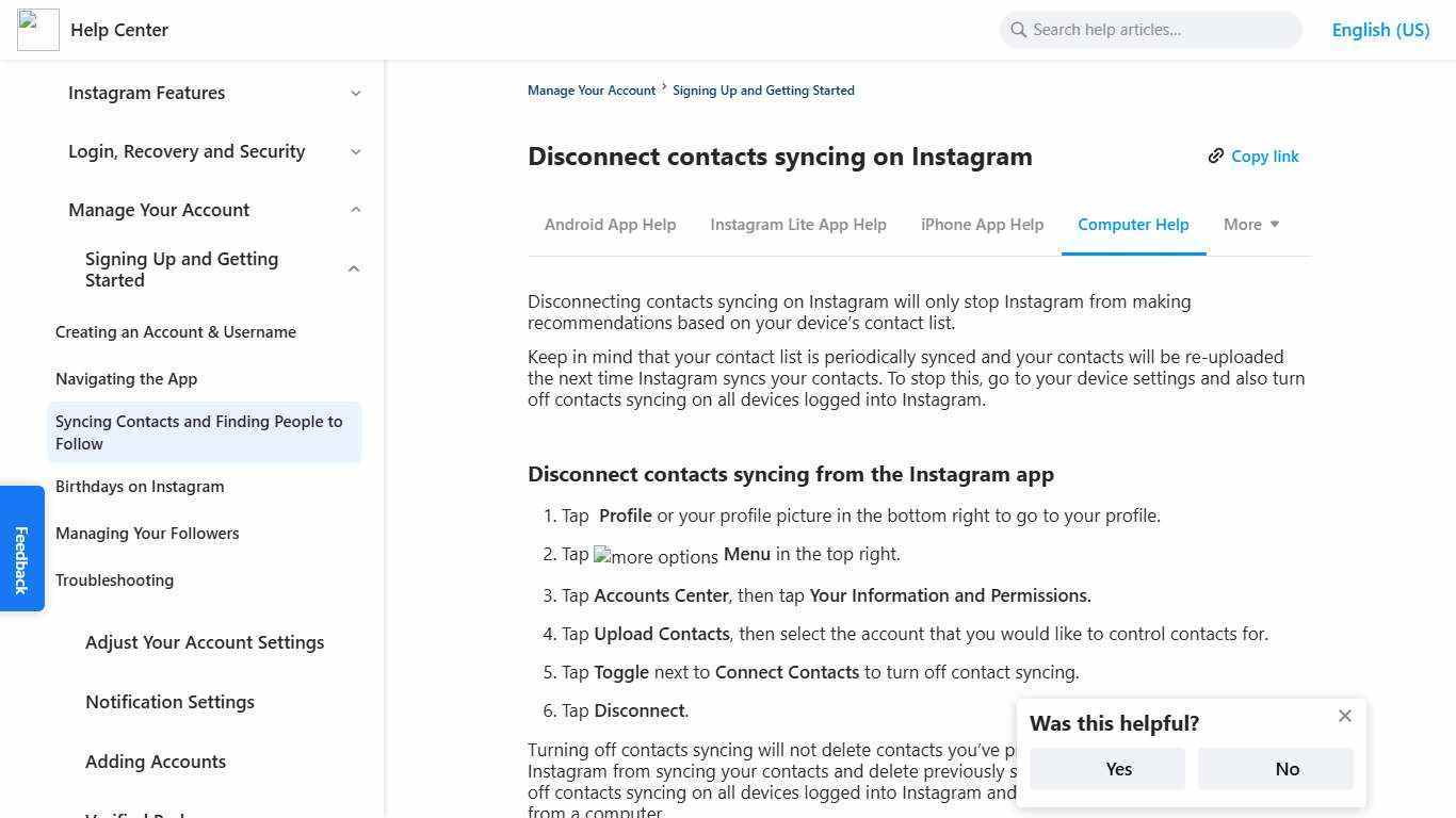 Disconnect contacts syncing on Instagram | Instagram Help Center